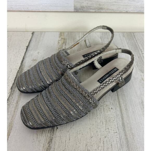 Sesto Meucci Woven womens 7 Narrow Square Toe Leather shoe Silver Italy VINTAGE - Picture 1 of 7